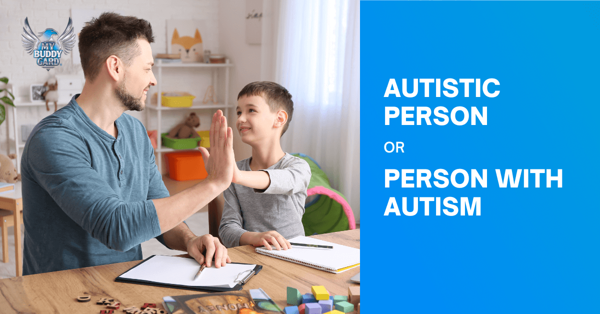 Image with Autistic person and a text saying Autistic Person or Person with Autism